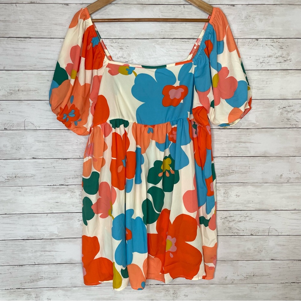 Bibi Retro Floral Puff Sleeve Mini Dress Western 70s Girly Size Medium - Picture 2 of 5